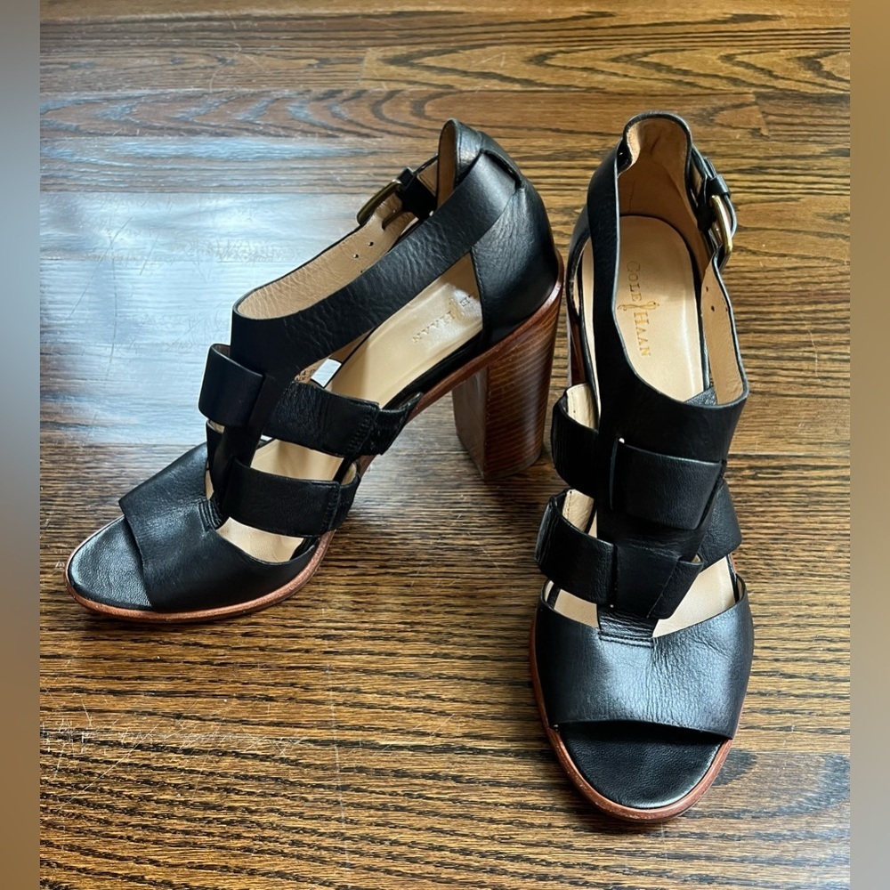 Cole Haan Black Leather Sandals Heels Buckle Women’s Size 9